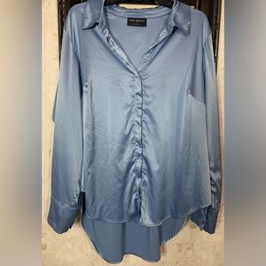 Blue plus size button down satin shirt